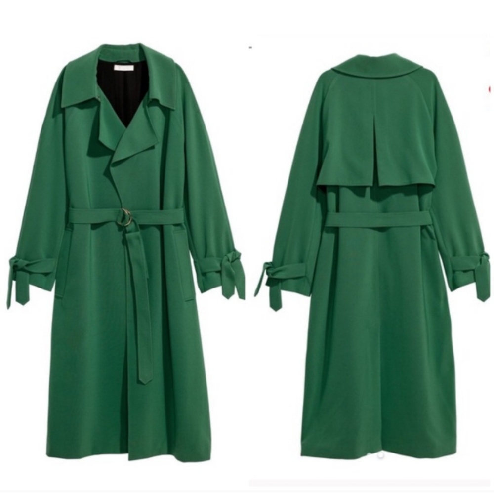 H&M Green Trench Coat Belted Gold Unisex Womens Long Oversized Size M